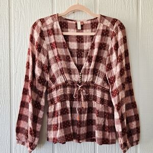 Anthro Pilcro Mad For Plaid Boho  Deep V Neck Longsleeve Peasant Top Orange XS